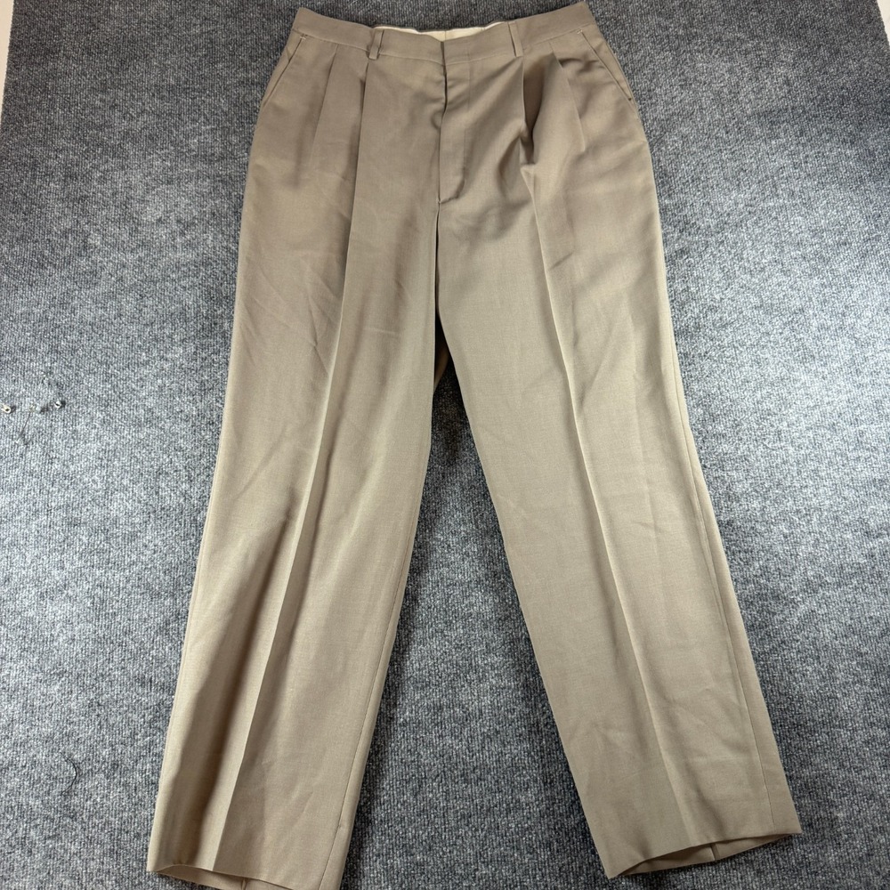 Vtg Haggar Dress Pants Mens 34x34 Brown Wool Blend Pleated Slash Pocket Career